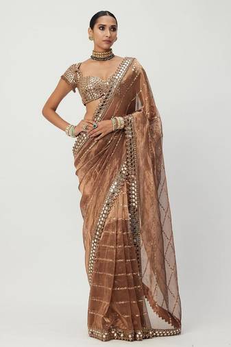 Copper sequin embroidered, mirror work,  zimmy choo silk bollywood saree with blouse