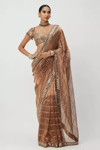 Copper sequin embroidered, mirror work,  zimmy choo silk bollywood saree with blouse