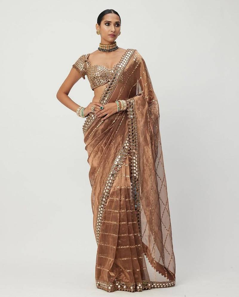Copper sequin embroidered, mirror work,  zimmy choo silk bollywood saree with blouse