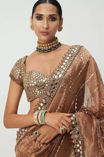 Copper sequin embroidered, mirror work,  zimmy choo silk bollywood saree with blouse