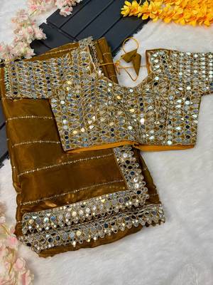Copper sequin embroidered, mirror work,  zimmy choo silk bollywood saree with blouse 3