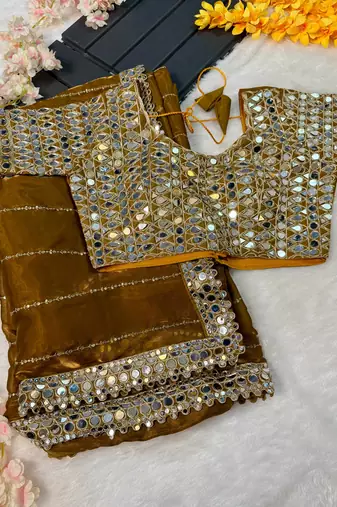 Copper sequin embroidered, mirror work,  zimmy choo silk bollywood saree with blouse