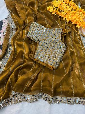 Copper sequin embroidered, mirror work,  zimmy choo silk bollywood saree with blouse 4
