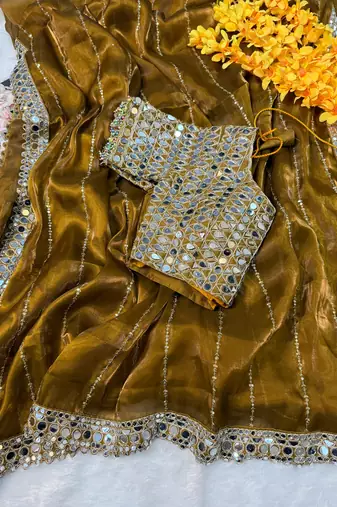 Copper sequin embroidered, mirror work,  zimmy choo silk bollywood saree with blouse