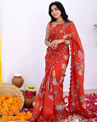 Red printed, cut work vichitra silk bollywood saree with blouse 1