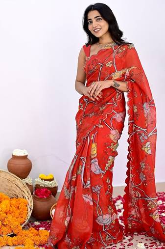 Red printed, cut work vichitra silk bollywood saree with blouse