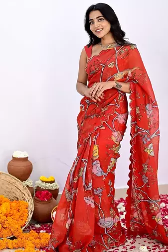 Red printed, cut work vichitra silk bollywood saree with blouse