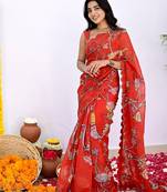Red printed, cut work vichitra silk bollywood saree with blouse