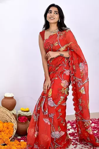 Red printed, cut work vichitra silk bollywood saree with blouse