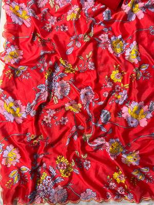 Red printed, cut work vichitra silk bollywood saree with blouse 4