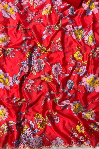 Red printed, cut work vichitra silk bollywood saree with blouse