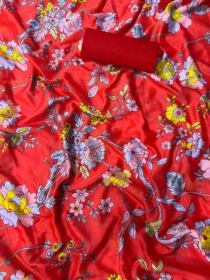 Red printed, cut work vichitra silk bollywood saree with blouse 5