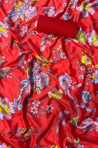 Red printed, cut work vichitra silk bollywood saree with blouse