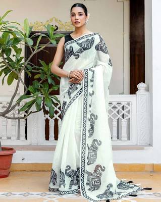 white printed soft cotton  saree with blouse 1