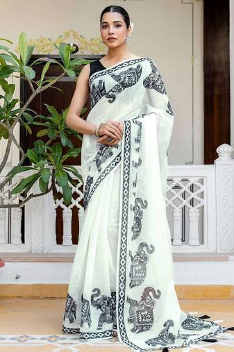 white printed soft cotton  saree with blouse