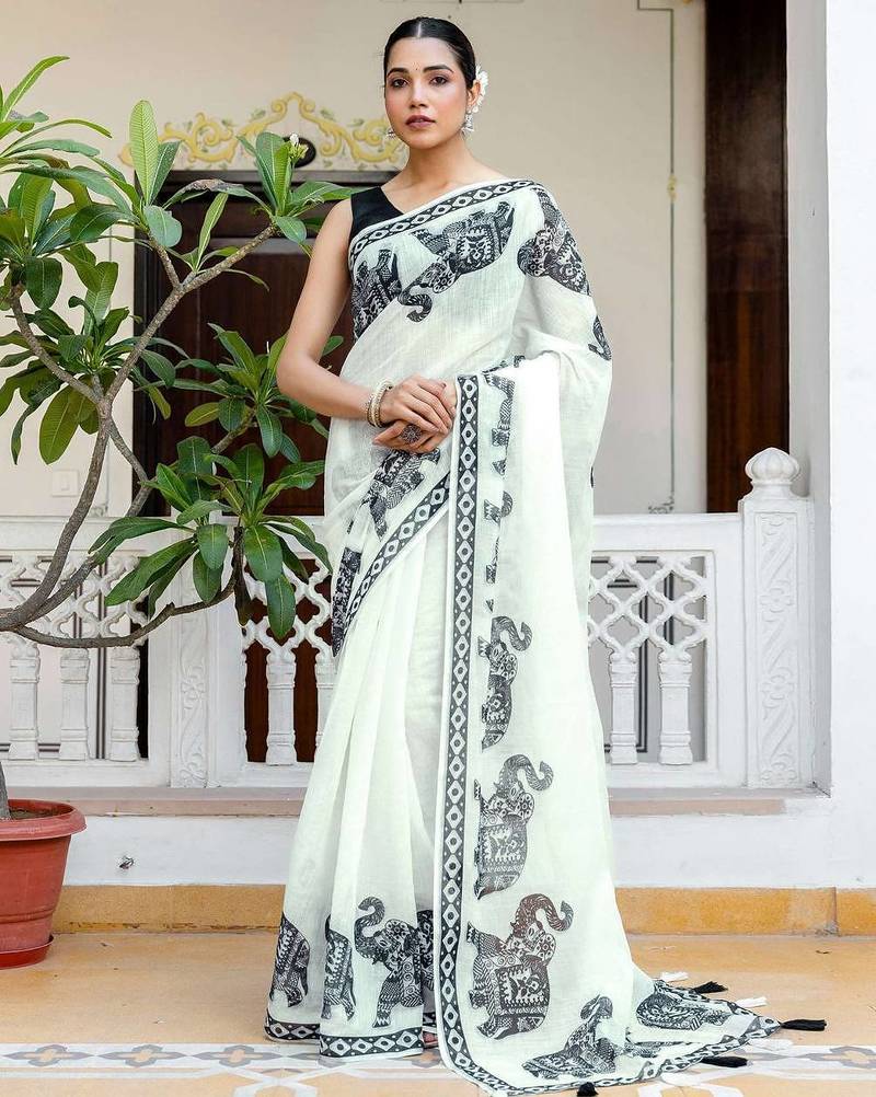 white printed soft cotton  saree with blouse