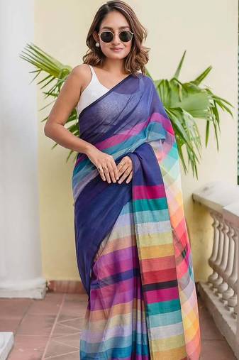 blue striped, printed soft cotton  saree with blouse