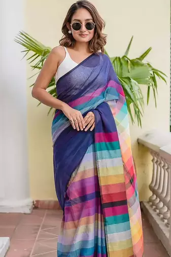 blue striped, printed soft cotton  saree with blouse
