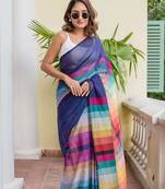 blue striped, printed soft cotton  saree with blouse
