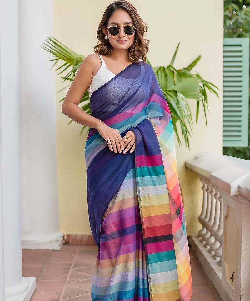 blue striped, printed soft cotton  saree with blouse