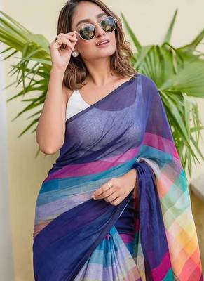 blue striped, printed soft cotton  saree with blouse 2