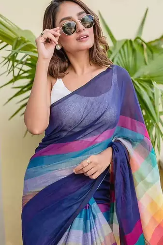 blue striped, printed soft cotton  saree with blouse