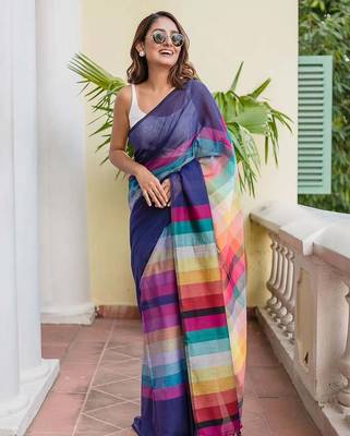 blue striped, printed soft cotton  saree with blouse 3