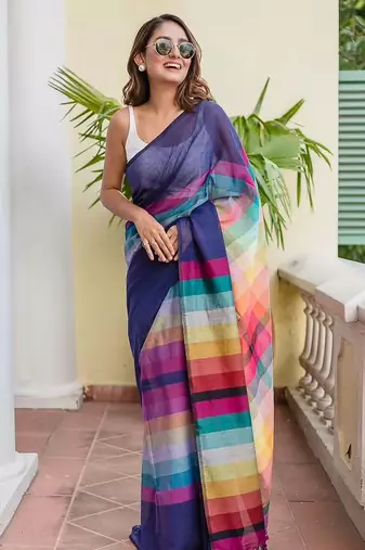 blue striped, printed soft cotton  saree with blouse