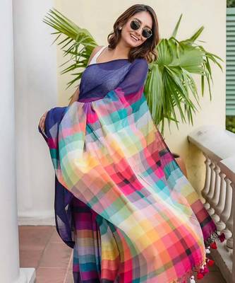 blue striped, printed soft cotton  saree with blouse 4