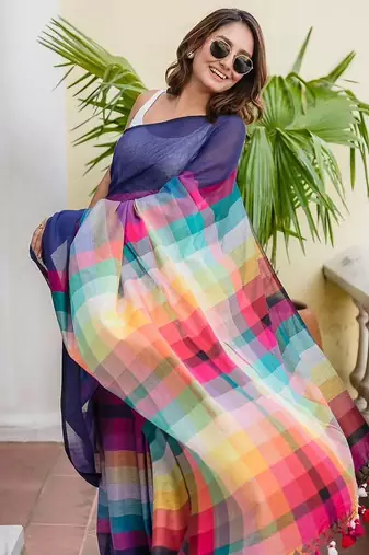 blue striped, printed soft cotton  saree with blouse