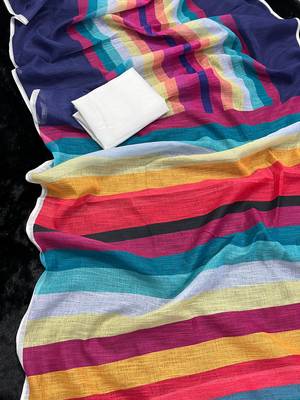 blue striped, printed soft cotton  saree with blouse 5