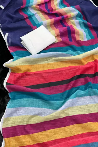 blue striped, printed soft cotton  saree with blouse