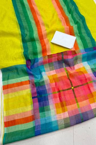 green striped, printed soft cotton  saree with blouse