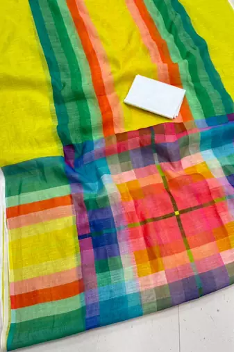 green striped, printed soft cotton  saree with blouse