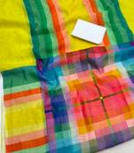 green striped, printed soft cotton  saree with blouse