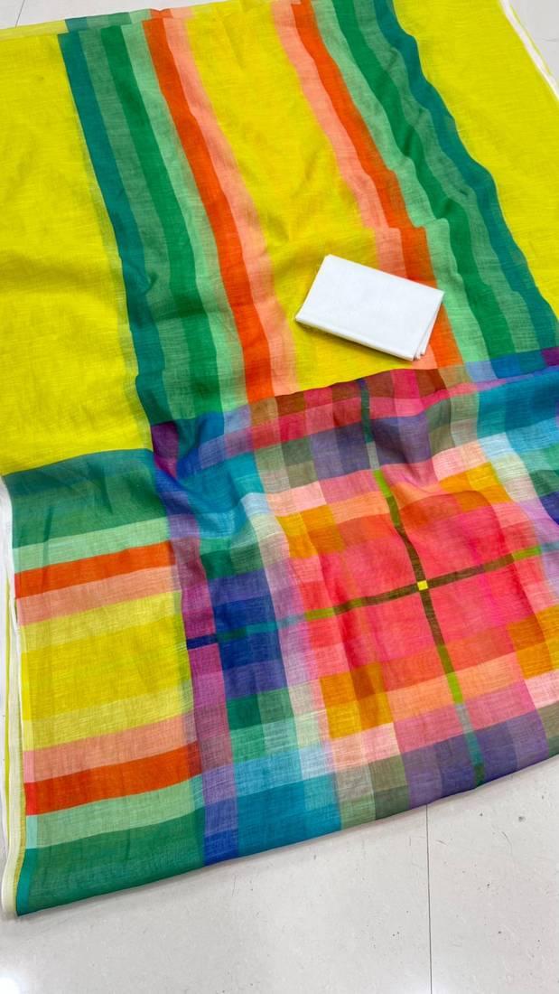 green striped, printed soft cotton  saree with blouse