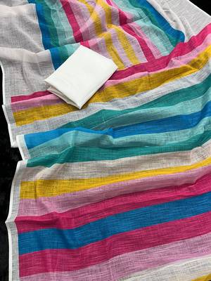 white striped, printed soft cotton  saree with blouse 2