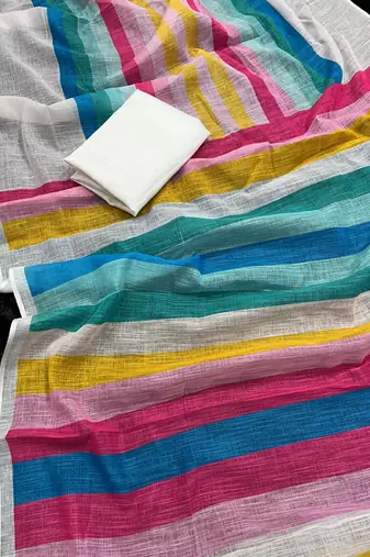 white striped, printed soft cotton  saree with blouse