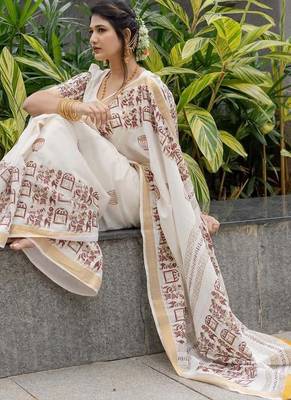 white printed soft linen cotton  saree with blouse 1