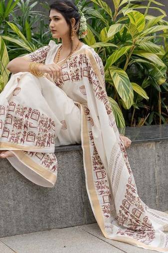 white printed soft linen cotton  saree with blouse