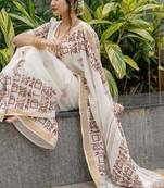 white printed soft linen cotton  saree with blouse