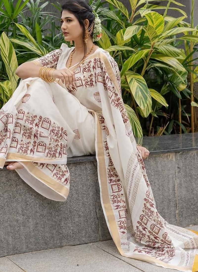 white printed soft linen cotton  saree with blouse