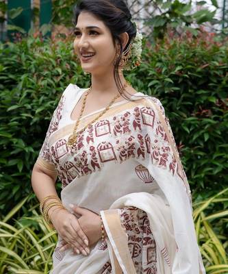 white printed soft linen cotton  saree with blouse 2