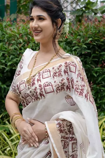 white printed soft linen cotton  saree with blouse