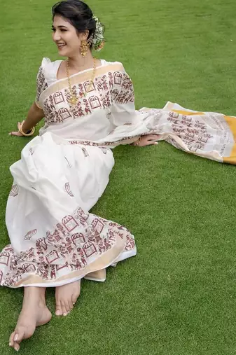 white printed soft linen cotton  saree with blouse