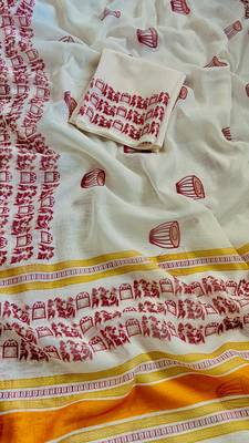 white printed soft linen cotton  saree with blouse 5