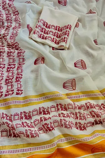 white printed soft linen cotton  saree with blouse