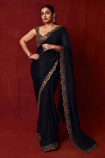 Black sequin embroidered,  chinnon silk bollywood saree with blouse