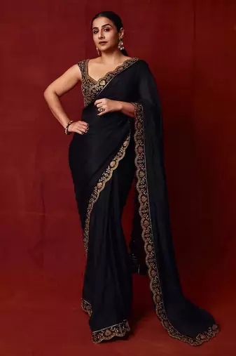 Black sequin embroidered,  chinnon silk bollywood saree with blouse