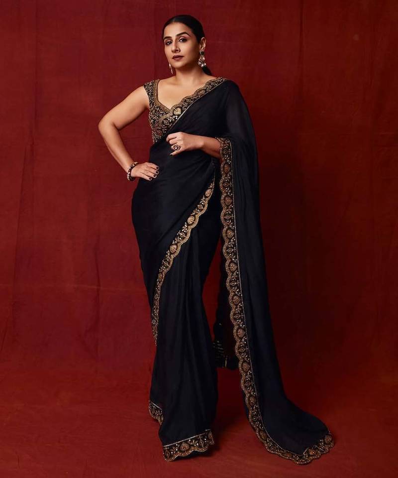 Black sequin embroidered,  chinnon silk bollywood saree with blouse
